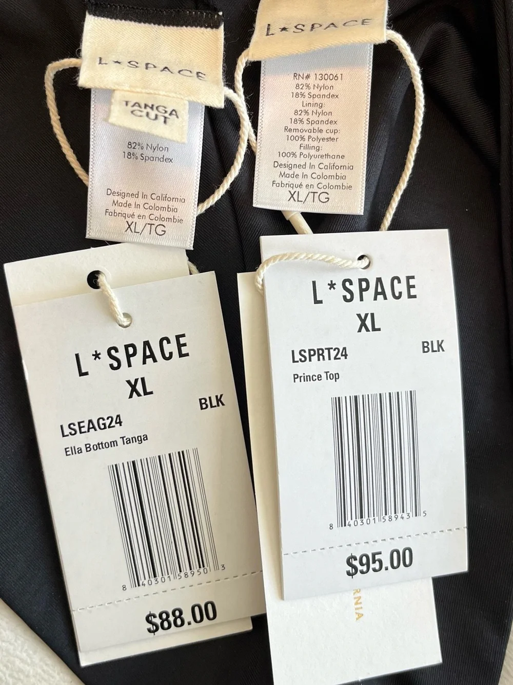 L*Space Bikini Set Prince Top & Ella Tanga Bottom XL Black Resortwear Swimwear
